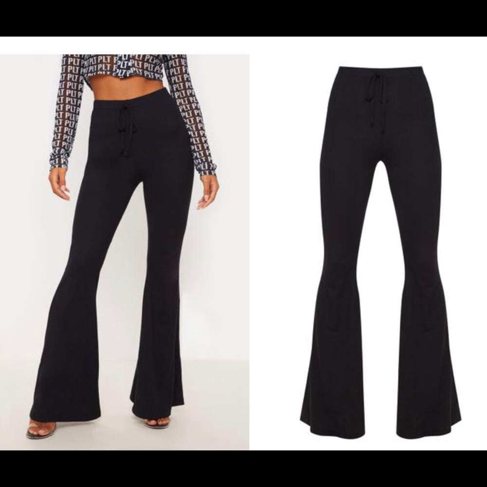 Black cotton drawstring flared pant